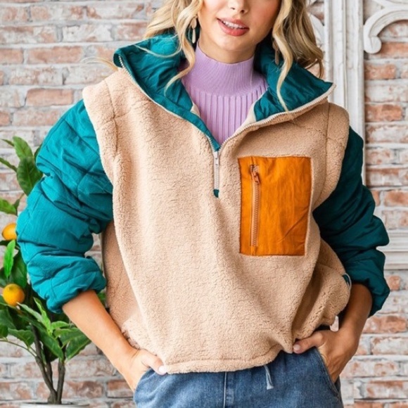 Sherpa Fleece Quilted Puffer Sleeve Cropped Half Zip Pullover Jacket Beige Combo - Picture 1 of 10